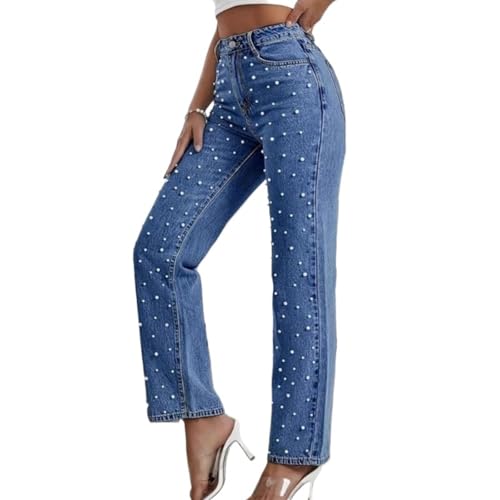 Women's high Waist Pearl Jeans Irregular Loose Straight Casual Jeans2
