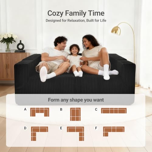 Image of Claiks 128 inch U Shaped Boneless Couch, Corduroy Sectional Sofa, Black