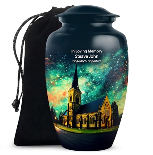 Image of Personalized Church Steeple Night - Funeral Urns For Men - Large Cremation Urn For Ashes For Women - Unique Burial Urns - 10 Inch - Large With Velvet Bag - Adult Decorative Urn For Mom & Dad
