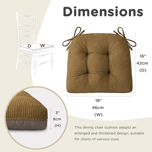 Image of AddGrace Dining Chair Cushions Set of 4 Non-Slip 18 inchx16 inchx3 inch Khaki | with Ties, Textured Fabric, for Kithchen, Dining Room, Restaurant, Indoor Furniture, Wood Chairs, Long Meals, Soft, Comfy