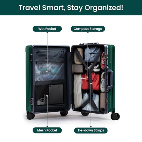 Image of Nobl Travel Zipperless Check In Suitcase - Aluminum Frame, Check In luggage 30.2x20x12 Airline Approved by Noble Travel - Unbreakable Polycarbonate Shell - TSA Locks 360 Spinner Wheels - Forest Green