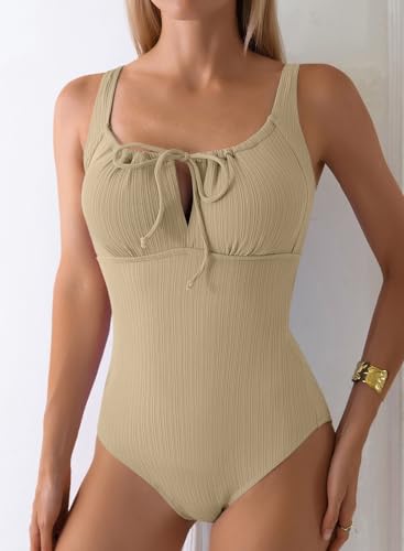Image of Aleumdr Womens Textured One Piece Swimsuit Tummy Control Bathing Suit Tie Knot Cutout Swimwear
