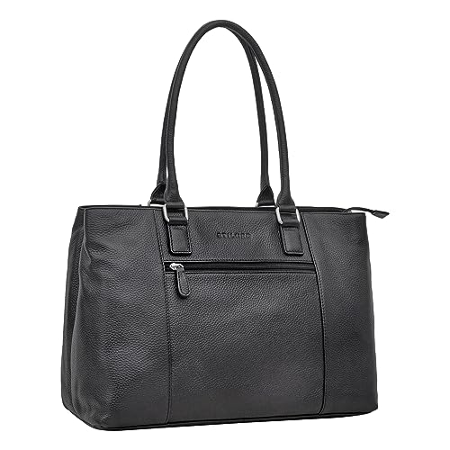 STILORD Marika Schwarzer Shopper Damen Groß Echtleder mit Laptopfach 15,6 Zoll ideal als Vintage Ledertasche Businesstasche Arbeitstasche Frauen Handtasche und Schultertasche