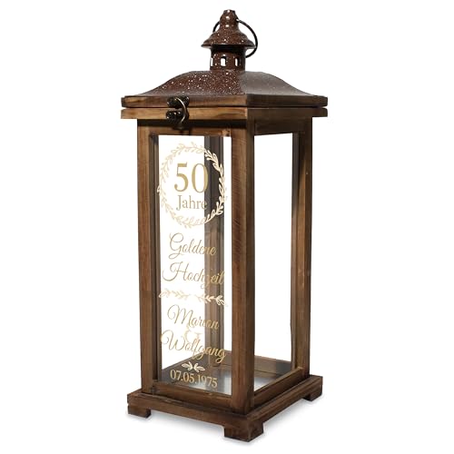 Personalisierte Holz-Laterne zur Hochzeit mit Jahreszahl & Motiven – Landhaus-Stil Hochzeitsgeschenk mit Namen – Romantische Deko zur Hochzeit und Jahrestag - Gold
