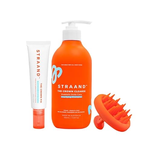 Straand Three-Step Scalp Soothing Set - The Crown Fix Dandruff Scalp Serum (1.5 fl oz), The Crown Cleanse Clarifying Shampoo (11.8 oz) & Exfoliating Scalp Brush