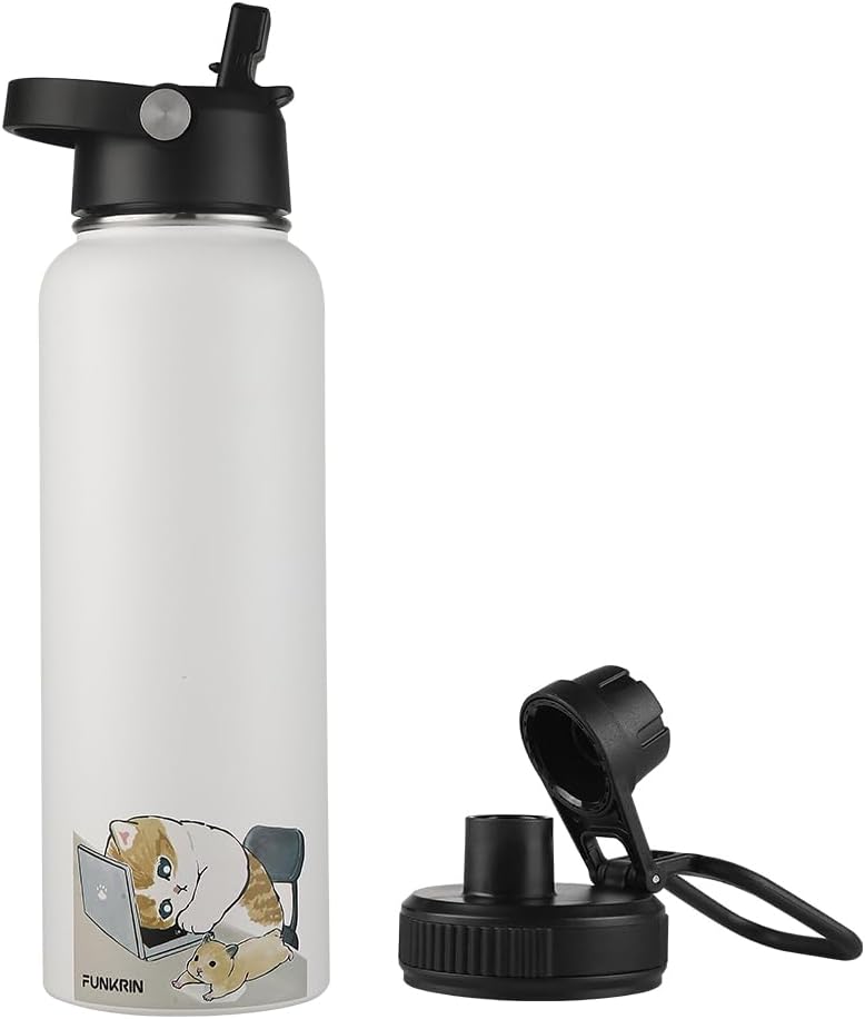 Funkrin Insulated Water Bottle with Straw Lid & Spout Lid, 40oz Personalized Vacuum Stainless Steel Travel Mug, Leak Proof Double Wall Bottle for Hot & Cold Beverages