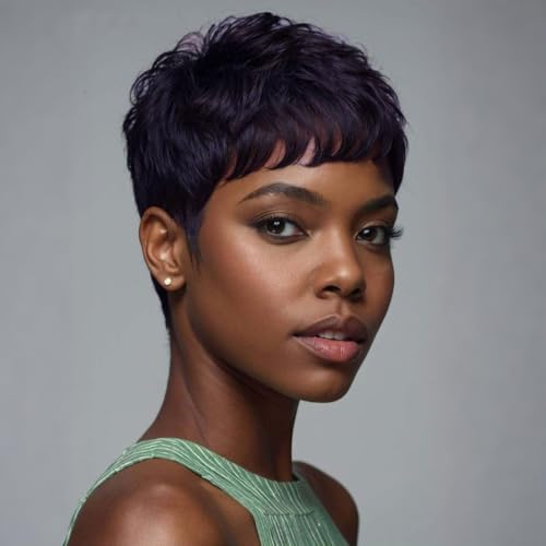 Naseily Short Pixie Cut Wig, Synthetic Wavy Hair with Bangs,