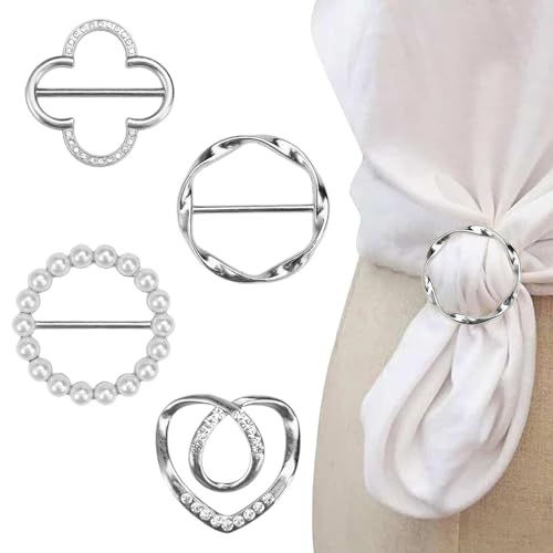 4 Stück Broschen für Kleidung Schleppennadel Brautkleid Clothes Corner Knotted Button for Women Fashion Metal Round Circle Shirt Clip Buckle (Silber)