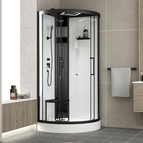 Cabine de douche 1/4 de cercle 95x95x218 cm - Fonction HAMMAM, Jets Hydromassants, Led et Bluetooth