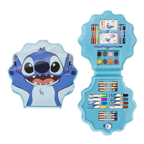 Maletín Stitch en estuche Kit creativo con lápices, rotuladores, crayones, acuarelas y hojas para colorear – Estuche Stitch compacto y divertido ideal como regalo infantil educativo