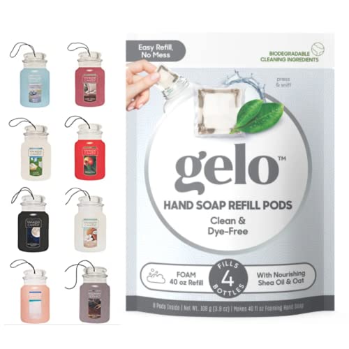Gelo Refill Plant Based Essential Oil Hand Liquid Soap (10 oz.) Choose From: Bottle, Refill Pods or Both (Clean & Dye-Free, Pods Only) + 1 Complimentary Assorted Car Jar