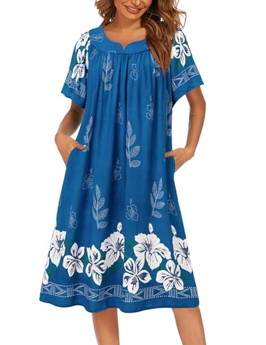 Image of Ekouaer Womens Nightgown Short Sleeve House Dress with Pockets-Floral Print Mumu Dress