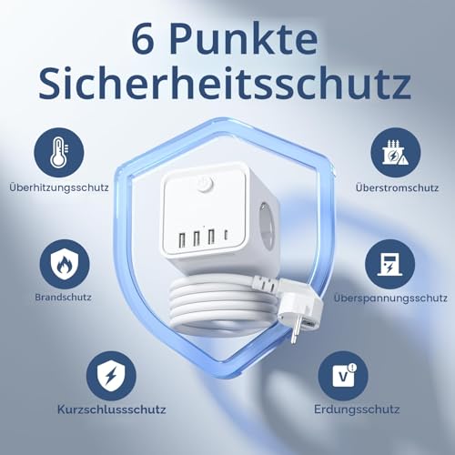 Steckdosenleiste, 7 in 1 Steckdosen mit USB, 3 Steckdosen, mit Schalter, 2 m, Steckdosenleiste mit USB, ideal für Wohnzimmer, Büro, Schlafzimmer 4