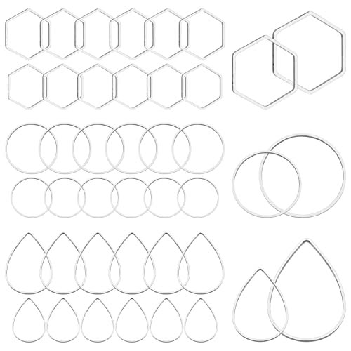 60pcs Hoop Earrings for Jewelry Making,Earring Finding Hoop Hypoallergenic Teardrop Hexagon Round Earrings Hoops Open Bezel Pendant Frame for DIY Earring Making Supplies(Silver,3Shapes)