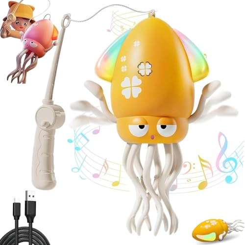 Dancing Octopus Toy, Electric Dancing Octopus Toy, Automatic Obstacle Avoidance Sensor Toys, Upright & Crawling Two Modes, with LED & Music, USB Rechargeable (Yellow+Fishing Rod)