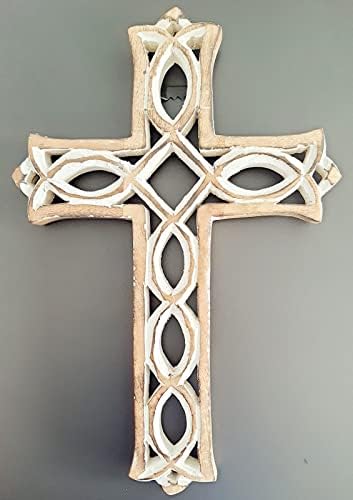 Wooden Wall Cross Plaque with Hand Carvings Religious Altar Home Living Room Decor | 12 x 8 inch