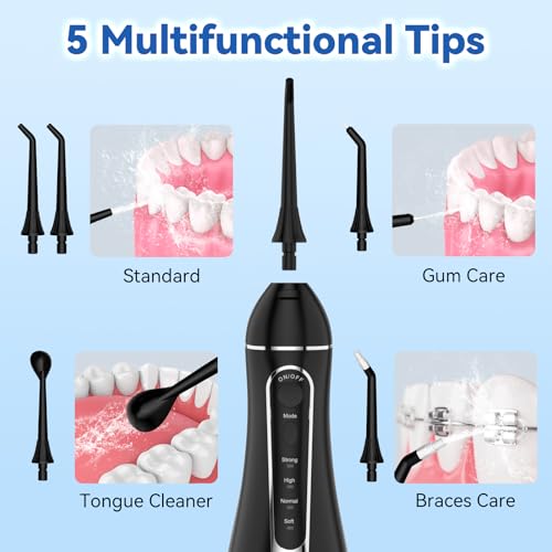 Image of Cordless Portable Water Flosser with 300ML Tank: Rechargeable Oral Irrigator with 5 Tips for Travel, Braces Care and Sensitive Gums, IPX7 Waterproof Teeth Cleaning Device(Black)