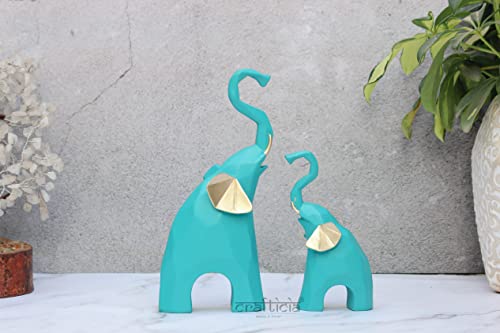 Image of Resin Elephant Pair Showpiece Geometrical Animal Figurine for Table Top Good Luck Vaastu (9 & 6 inch, Green)