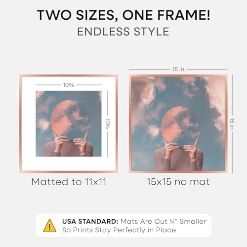 Image of Homeforia 15x15 Picture Frame Rose Gold, High End Metal 15 x 15 Square Poster Frame with Mat 11 x 11 Photo, 15x15 Frame Matted to 11x11 Print, 15by15 Hanging Frames, Tempered Glass, Wall Kit, Set of 1