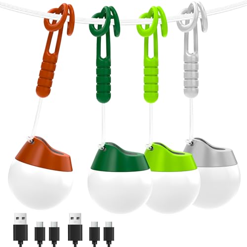 LETMY Rechargeable Camping Lights, 4 Pack Portable Tent lights With 4 Lighting Modes, 150LM LED Camping Lantern Waterproof, Only 20g Hanging Tent Lantern for Hiking Backpacking Power Outages Emergency