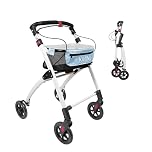 KMINA Narrow Walker with Tray, Lightweight, Basket and Brakes, Adjustable, 4 Wheel Folding Indoor Rollator, Blue - KMINA PRO