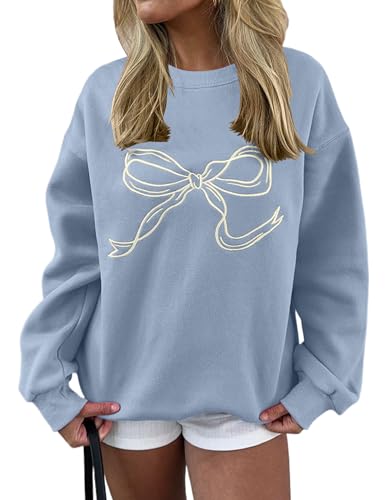 Image of MISSACTIVER Women Bow Graphic Sweatshirts Oversized Pullover Sweatshirts Crewneck Pullover Tops 2024 Fall Fashion Clothes, Blue, XL