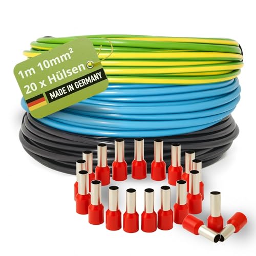 INVOLT H07V-K Verdrahtungsleitung Set 10 mm 3x1m Einzeladern 20 Aderendhülsen Schwarz/Blau/Grün-Gelb VDE-zertifiziert