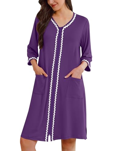 Image of Ekouaer Zipper Robes for Women 3 /4 Sleeves Lightweight House Coat Zip Up Bathrobe Soft Nightgown with Pockets S-3XL
