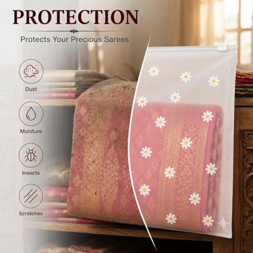 Image of PulGos 24 Pcs, 45 x 35 Cm Saree Cover for Storage | Floral Printed With Zip | Frosted Transparent Bags | Multipurpose Bag for Clothes & Accessories | Packing Covers for Wardrobe Organizer & Traveling