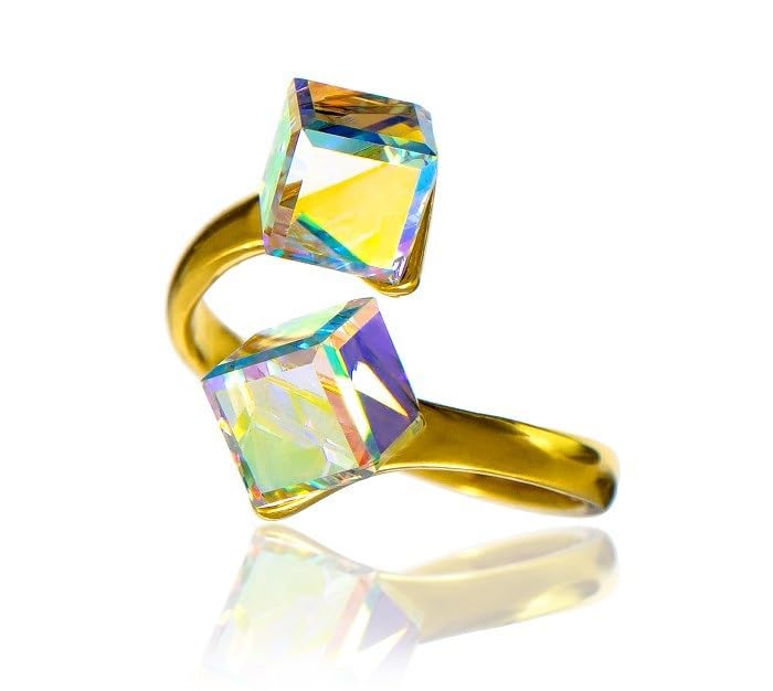 ARANDE Cristales originales hermoso anillo único ajustable Aurora chapado en plata 24K certificado de oro, Cristal