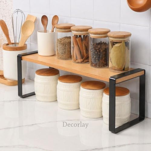 Image of Decorlay Metal & Wooden Spice Rack Organizer Space Saver Counter-top Storage for Kitchen, Bathroom, Office, and Cosmetics (Black + Beech, Single - Tier)