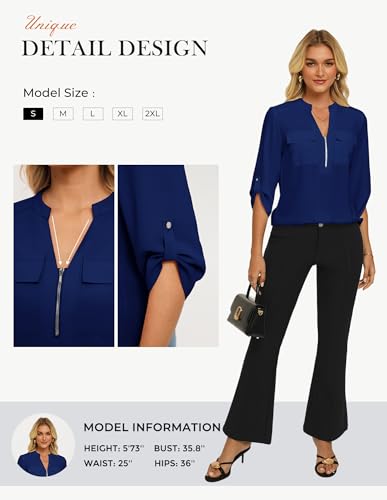 Womens Business Casual Tops,3/4 Sleeve Henley Shirts with Zip Up,Office Work Blouses Lightweight Summer Navy Blue XX-Large — view 5
