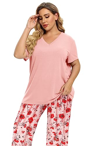 Image of Vozanet Women's Pajamas Set Soft V Neck Sleepwear Top and Capri Pj Lounge Sets Cartoon Heart Shape Cat Nighty Plus Size