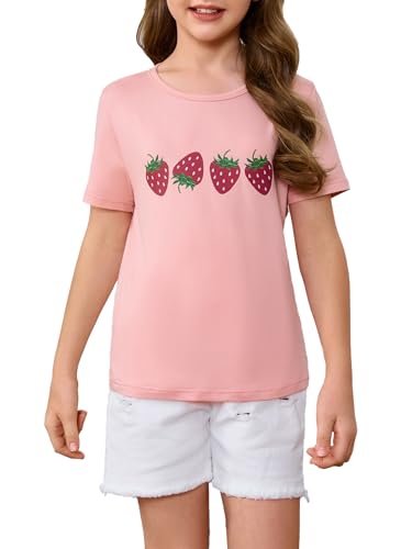 WDIRARA Girl's Strawberry T Shirt Graphic Tee Cute Crewneck Short Sleeve Top