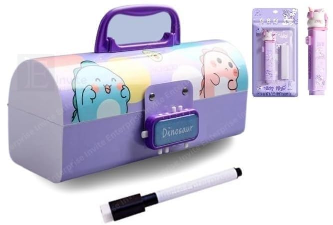 Image of WORSHIPER New Cartoon Theme Pencil Box with Push Pull Eraser Set for Kids | Suitcase Style Password Lock Stationery Organizer | School Supplies Gift Combo for Boys & Girls (Dino Purple + Eraser)