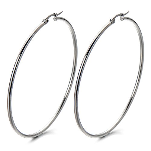 2 Grande Llanura Circulo Pendientes del Aro, Pendientes para Mujer, Acero Inoxidable