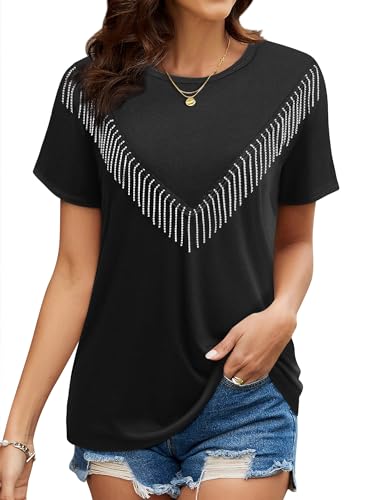 Womens Sparkly Rhinestone Fringe Tshirts Western Glitter Tassel Country Concert Outfits Sparkle Disco Cowgirl Tops2