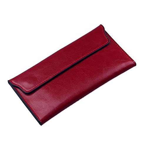 Women Long Wallet Genuine Cowhide Leather Cards Holder Clutch Purse Phone Bag (Wine Red)