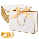 Woobroo 15 PCS Gift Bag With Gold Ribbin Luxury Paper Party bag With Handles 32 x 25 x 10CM Birthday Gift Bag for Wedding, Festivals(White Gold)