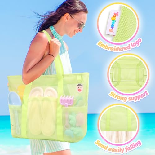 Tagitary Mesh Beach Bag with Zipper 3Pcs, Large Tote and Kids Beach Bags for Shell Collecting Beach Toys Storage Swim Pool Accessories Vacation Sports Camping Picnic Travel Bag4