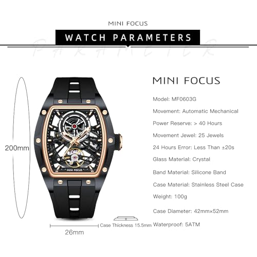 Image of MF MINI FOCUS Unique Men Watches,Automatic Mechanical Watch,Luxury Hollow Tonneau Watches for Men with Stainless Steel Case and Silicon Band (Self-Wind Movement /5ATM Waterproof /Super Luminous)