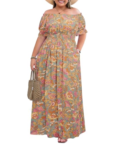 Image of Holipick Women's Off The Shoulder Boho Dress Plus Size Floral Smocked Waist Split Summer Maxi Sundress with Pockets