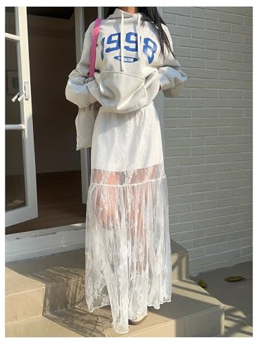 Floerns Women's Summer Maxi Skirt Elastic Waist Floral Lace Beach Flare Hem Y2k Long Skirt4