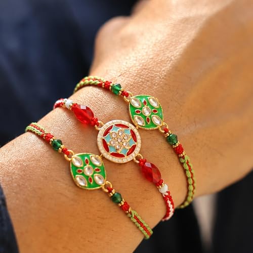 Image of Peora Rakhshabandhan Thread Rakhi for Brother Bhaiya | Crystals & Kundan Studded | Combo, Set of 3 | Rakhi Hamper with Roli Chawal & Greeting Card