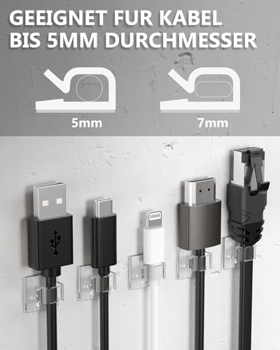 Tesmax 100 Stück Kabelhalter Selbstklebend,Kabelclips Selbstklebend für Kabelmanagement Kabel Organizer Kabelklemmen, Kabelbefestigung Kabelhaken Draht Halter Lichterkette(Transparent)