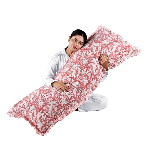 CPC Pink Coral Block Print Ruffle Sham Pillow Cover 20x54 Inch, Pack of 1