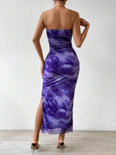 Image of LIGHT DOT Women's Summer Dress Printed Strapless Tube Bodycon Maxi Side Slit Mesh Layered