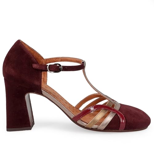 Chie Mihara Mary Jane Mizan de ante rayado vino y laminado platino - CM MIZAN Gaya Grape - Talla, rojo, 37.5 EU