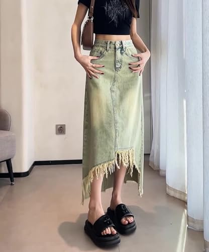 Women's Retro Denim Skirt High Waist Slim Irregular Tassel Hem Straight Casual Mid-Length A-Line Jeans Skirts3