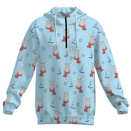 Christmas Cute Cartoon Elks Men's Quarter Zip Drawstring Hoodies Long Sleeve Sweatshirt Casual Pullover4